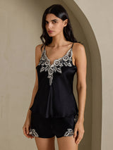 [أسود] SilkSilky-SA Sleeveless V Neck مجموعة قميص قصير 003