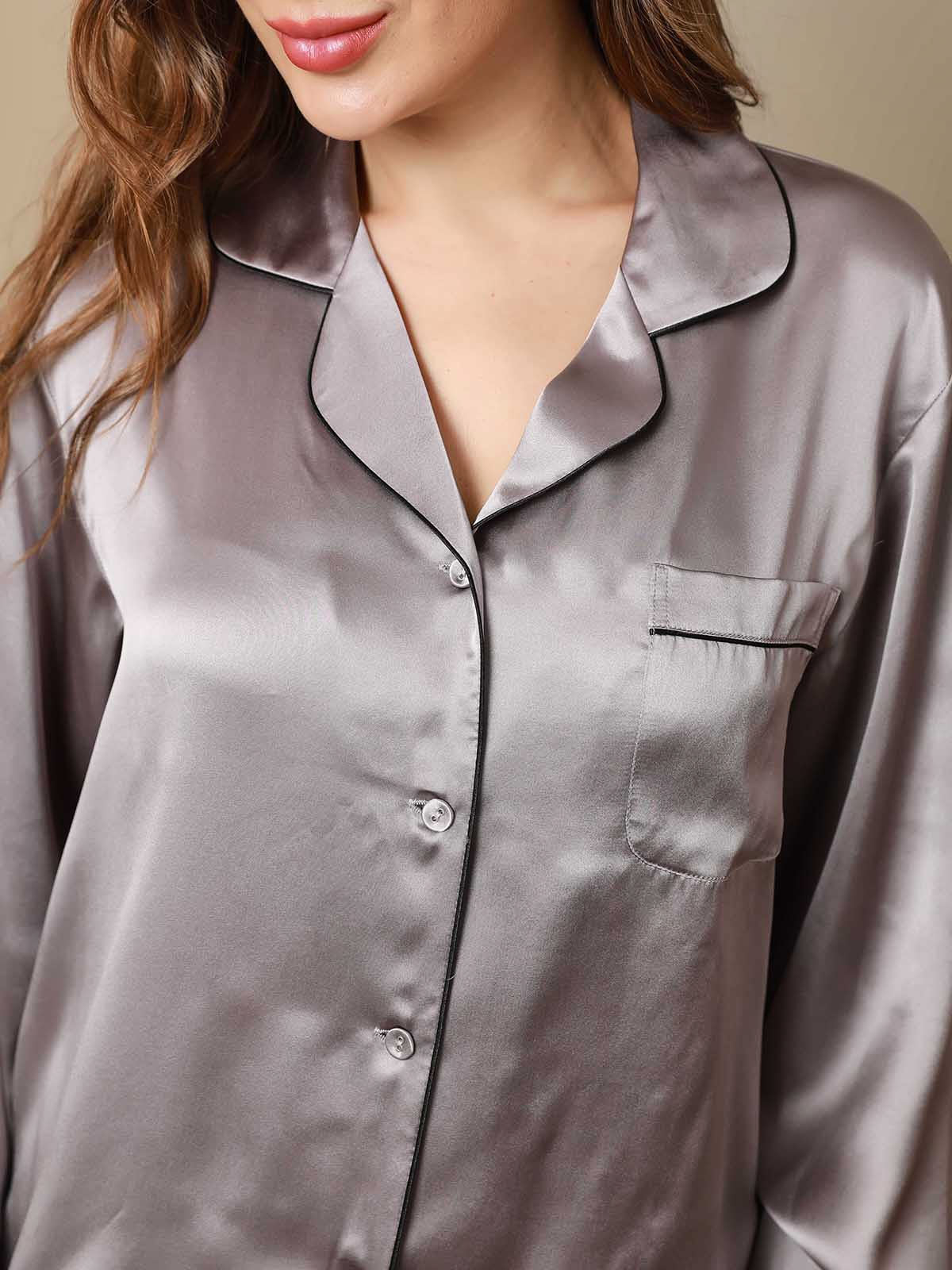 [رمادي] SilkSilky-SA الحرير الخالص Womens Pajamas 007