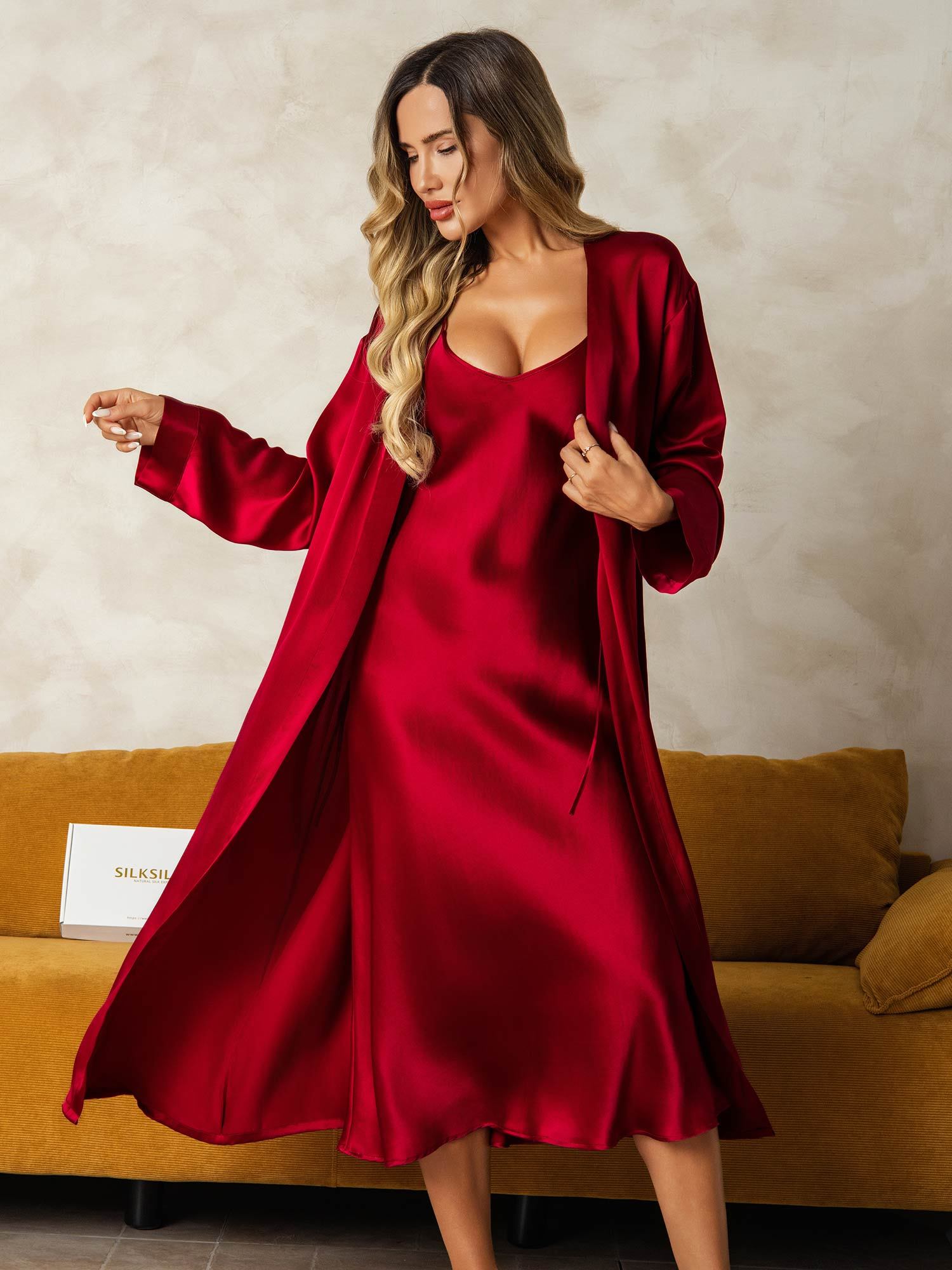 [خمر] SilkSilky-SA الحرير الخالص Wrap رداء الحمام وقميص النوم 009