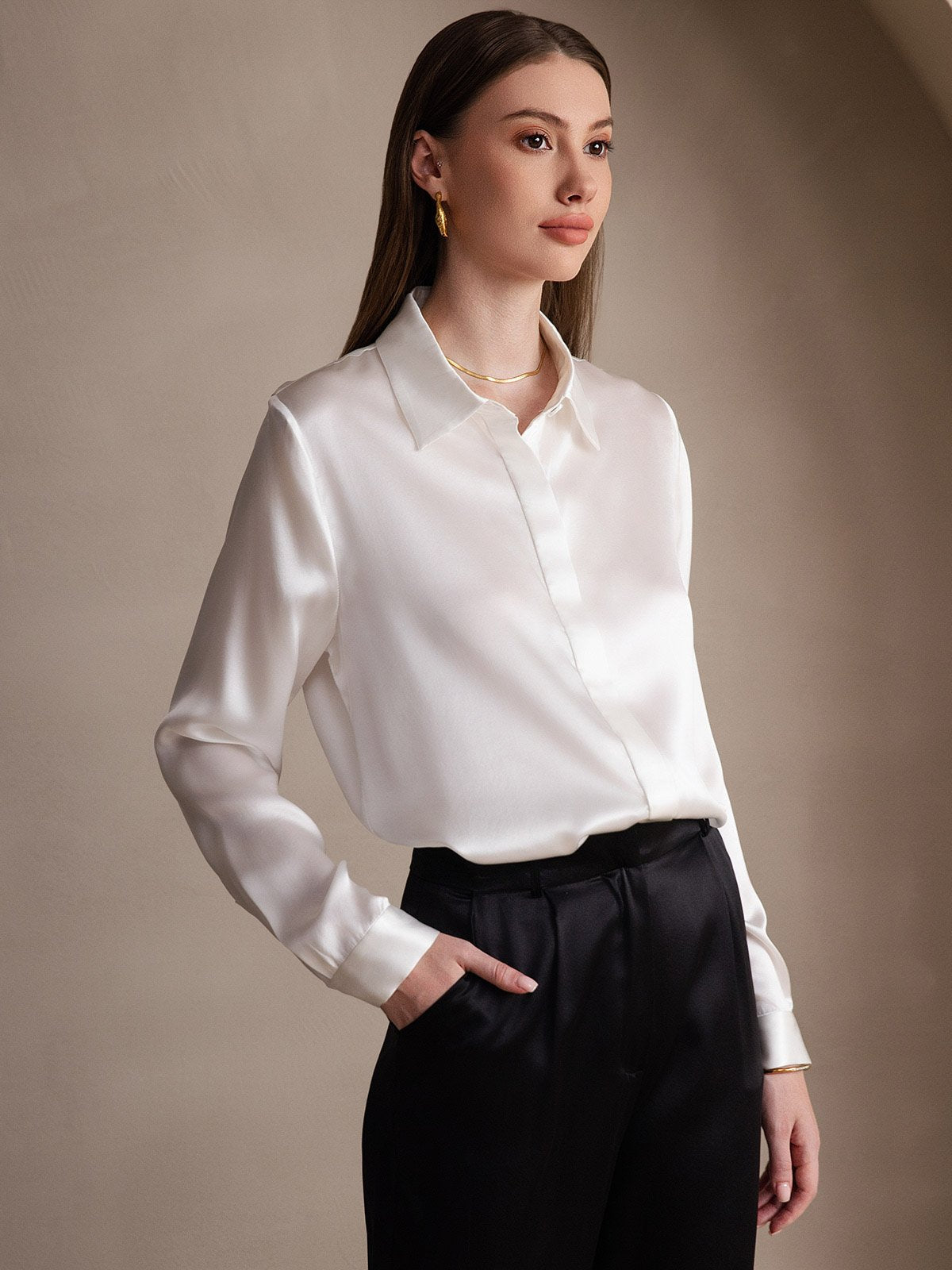 [أبيض] SilkSilky-SA 19Momme الحرير Lapel Collar بلايز نسائية 004