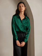 [أخضر غامق] SilkSilky-SA Long Sleeve Lapel Collar بلايز نسائية 001