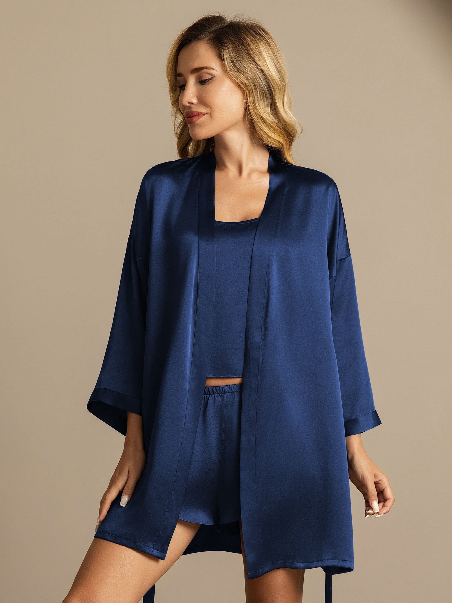 [أزرق غامق] SilkSilky-SA الحرير الخالص Split رداء الحمام وقميص النوم 007,