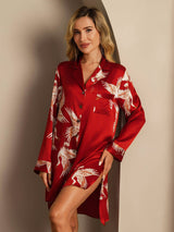 [احمر غامق] SilkSilky-SA 19Momme الأكمام الطويلة طوق ذو فتحة باس النوم 008