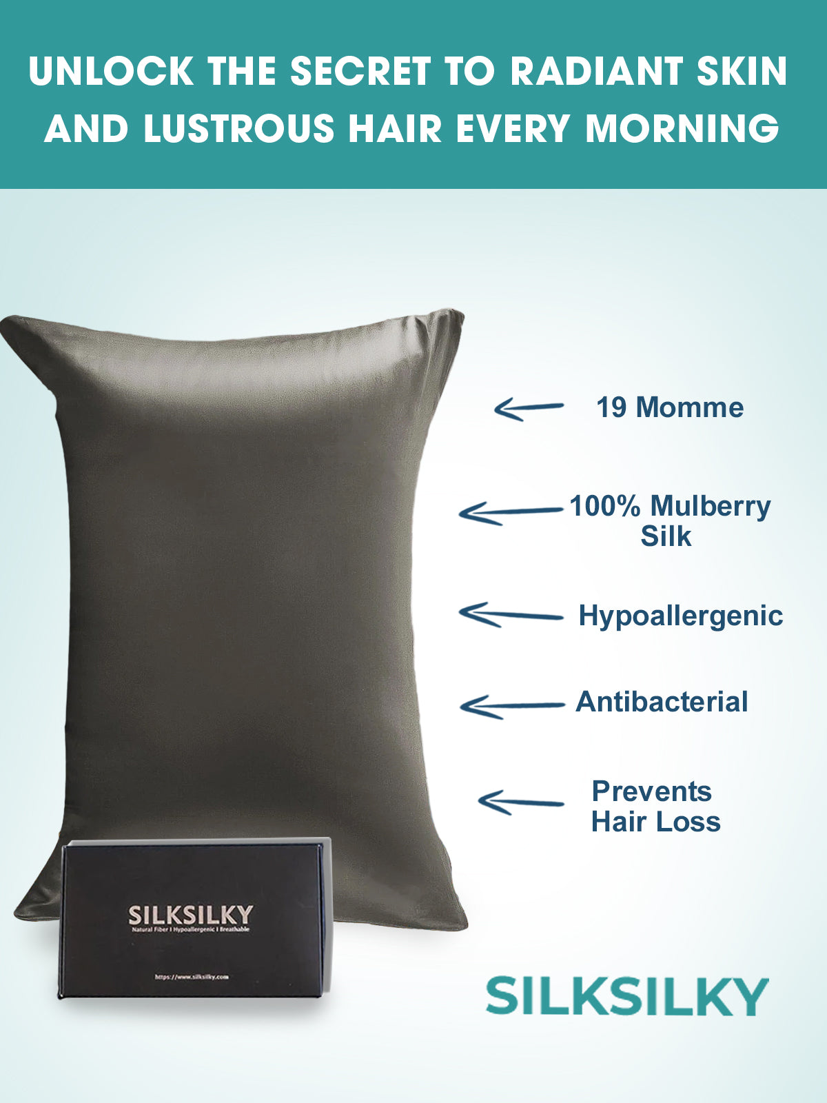 SilkSilky-SA 19Momme الحرير الخالص Pillowcase الرماديالداكن 003