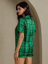 [مربعات خضراء] SilkSilky-SA Short Sleeve Notch Collar طقم بيجامة نسائي 002
