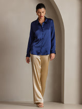[أزرق غامق] SilkSilky-SA Long Sleeve Lapel Collar بلايز نسائية 005