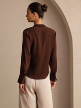 [شوكولاتة داكنة] SilkSilky-SA Long Sleeve Tie Neck بلوزات نسائية 002