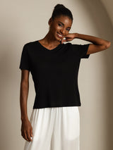 [أسود] SilkSilky-SA Short Sleeve V Neck تي شيرت نسائية 007