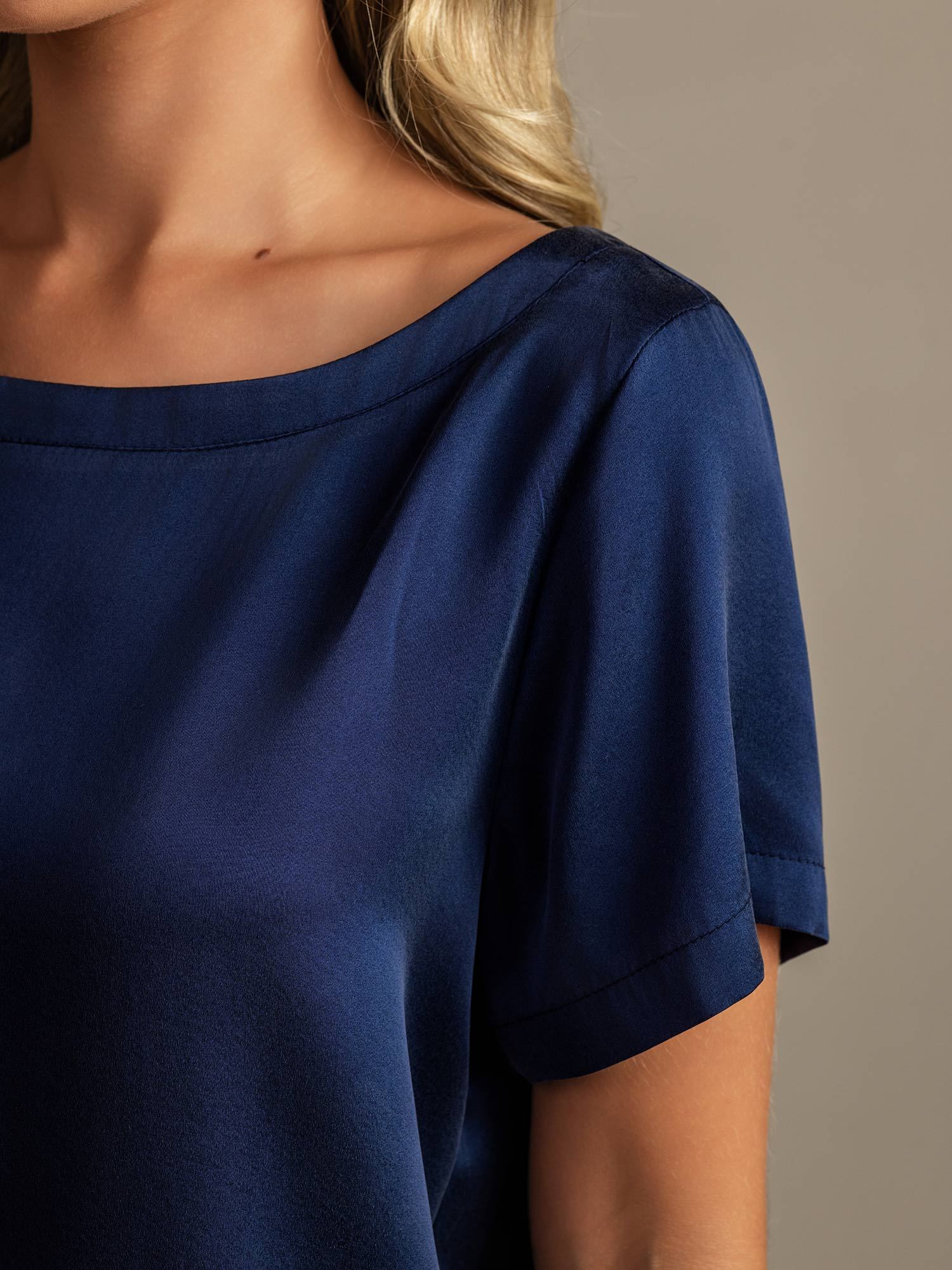 [أزرقغامق] SilkSilky-SA 19Momme الحرير رقبة مستديرة طقم بيجامة نسائي 004