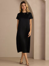 [أسود] SilkSilky-SA Short Sleeve Round Neck فساتين نسائية 007