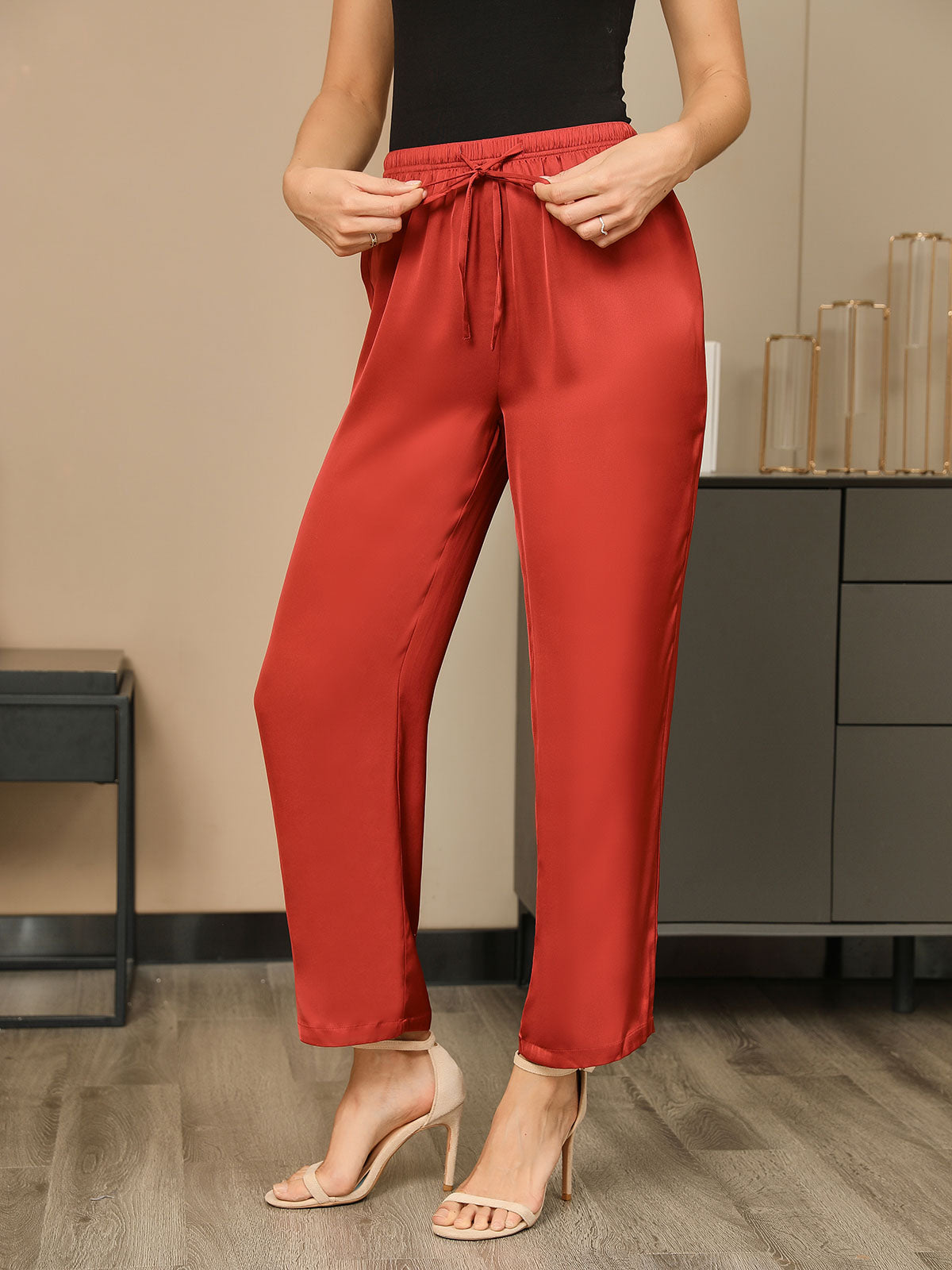 SilkSilky-SA-19Momme-محبوك-الحرير-Womens-Pants-أحمر-001