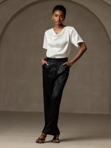 [أبيض] SilkSilky-SA Short Sleeve Cowl Neck بلوزات نسائية 006
