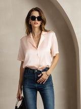[لون القرنفل] SilkSilky-SA Short Sleeve Notch Collar بلايز نسائية 006