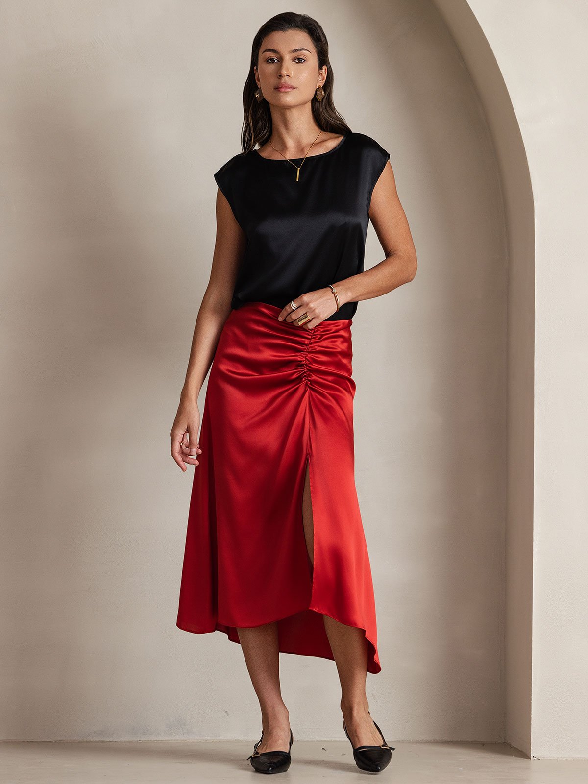 [أسود] SilkSilky-SA 19Momme الحرير رقبة مستديرة تي شيرت نسائية 006,