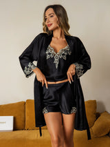 [أسود] SilkSilky-SA الحرير الخالص أكمام بثلاثة أرباع الأطوال رقبة على شكل حرف V طقم بيجامة نسائي 003