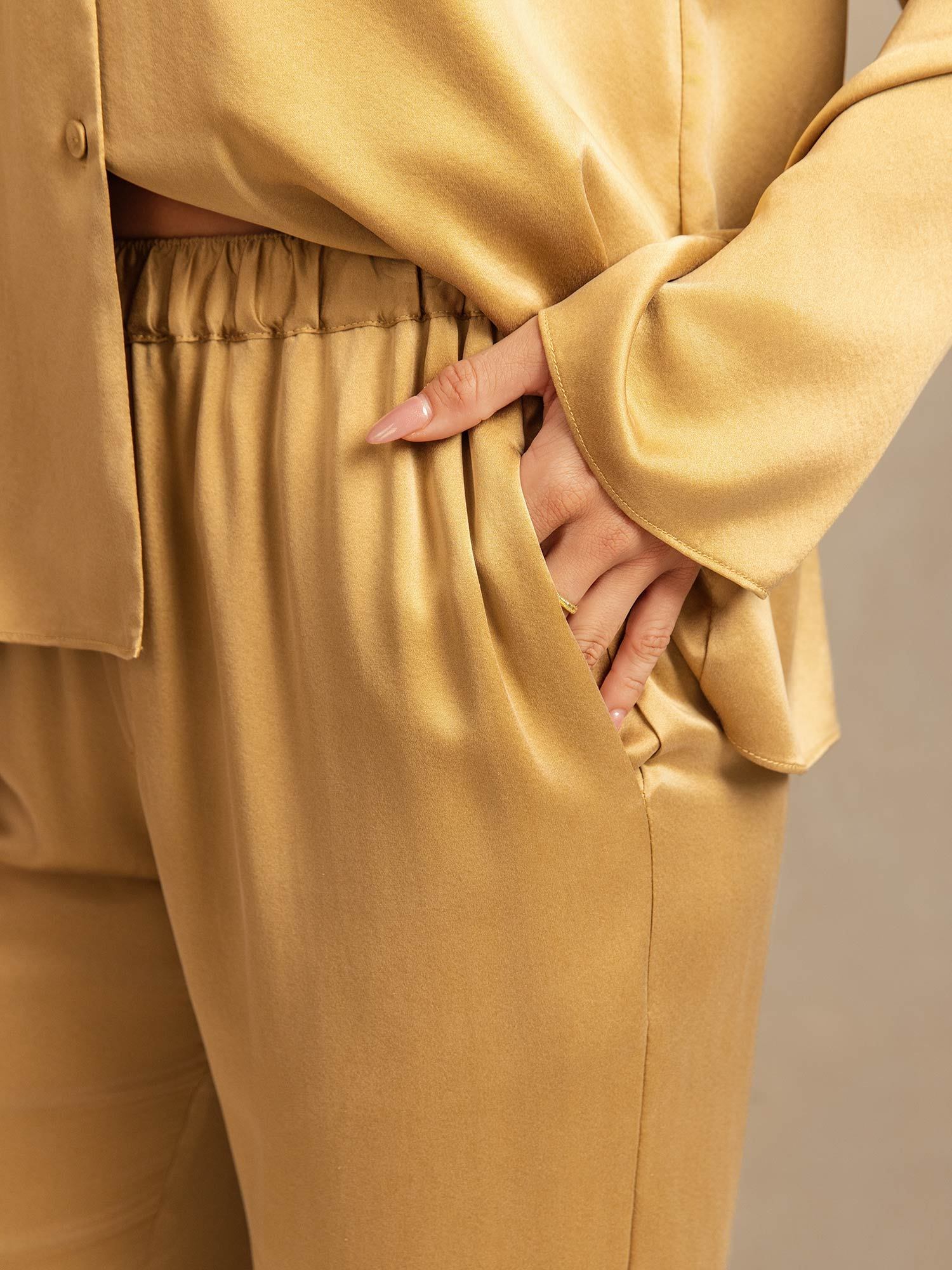 [تان(بنيفاتح)] SilkSilky-SA 19Momme الحرير فتحة عنق V طقم بيجامة نسائي 005