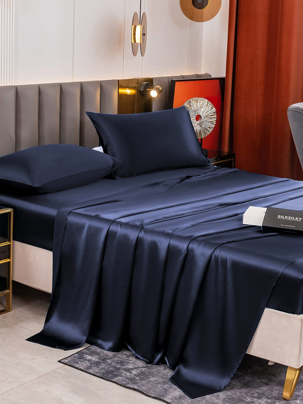 SilkSilky SA 19Momme الحرير الخالص Bedding Set أزرقغامق 005