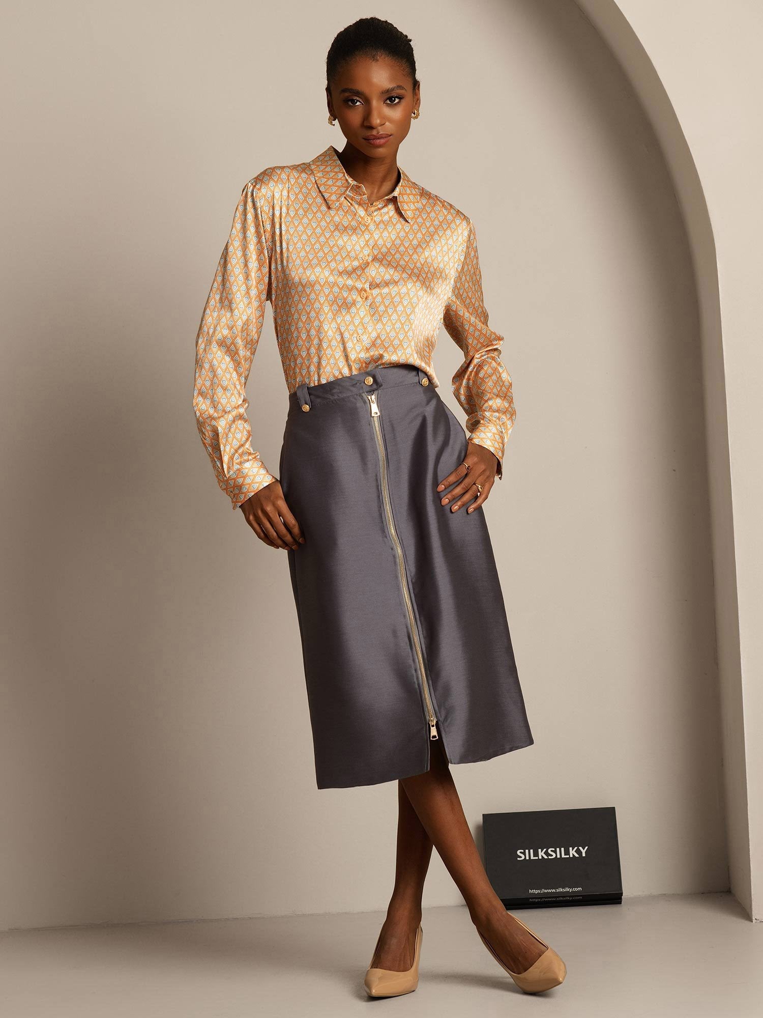 [رمادي] SilkSilky-SA 32Momme الحرير Split تنانير نسائية 007,