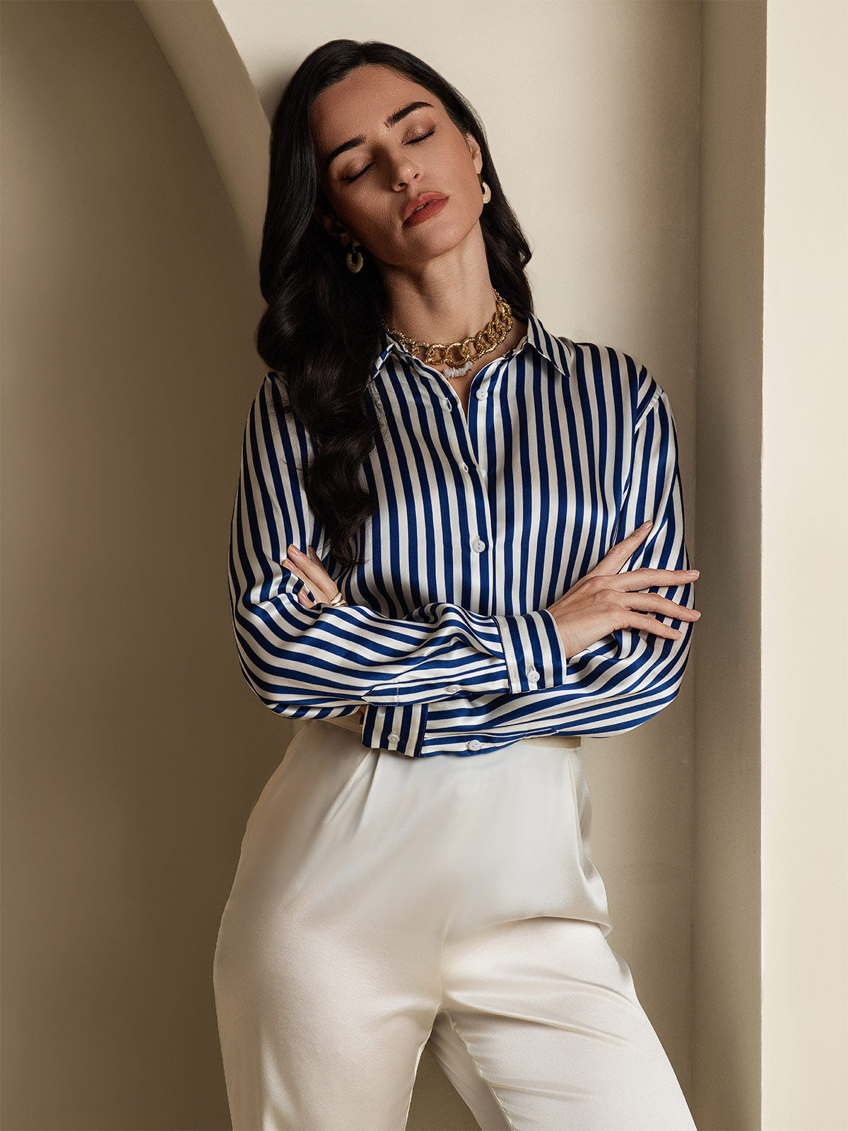[أزرق] SilkSilky-SA الحرير Lapel Collar بلايز نسائية 001