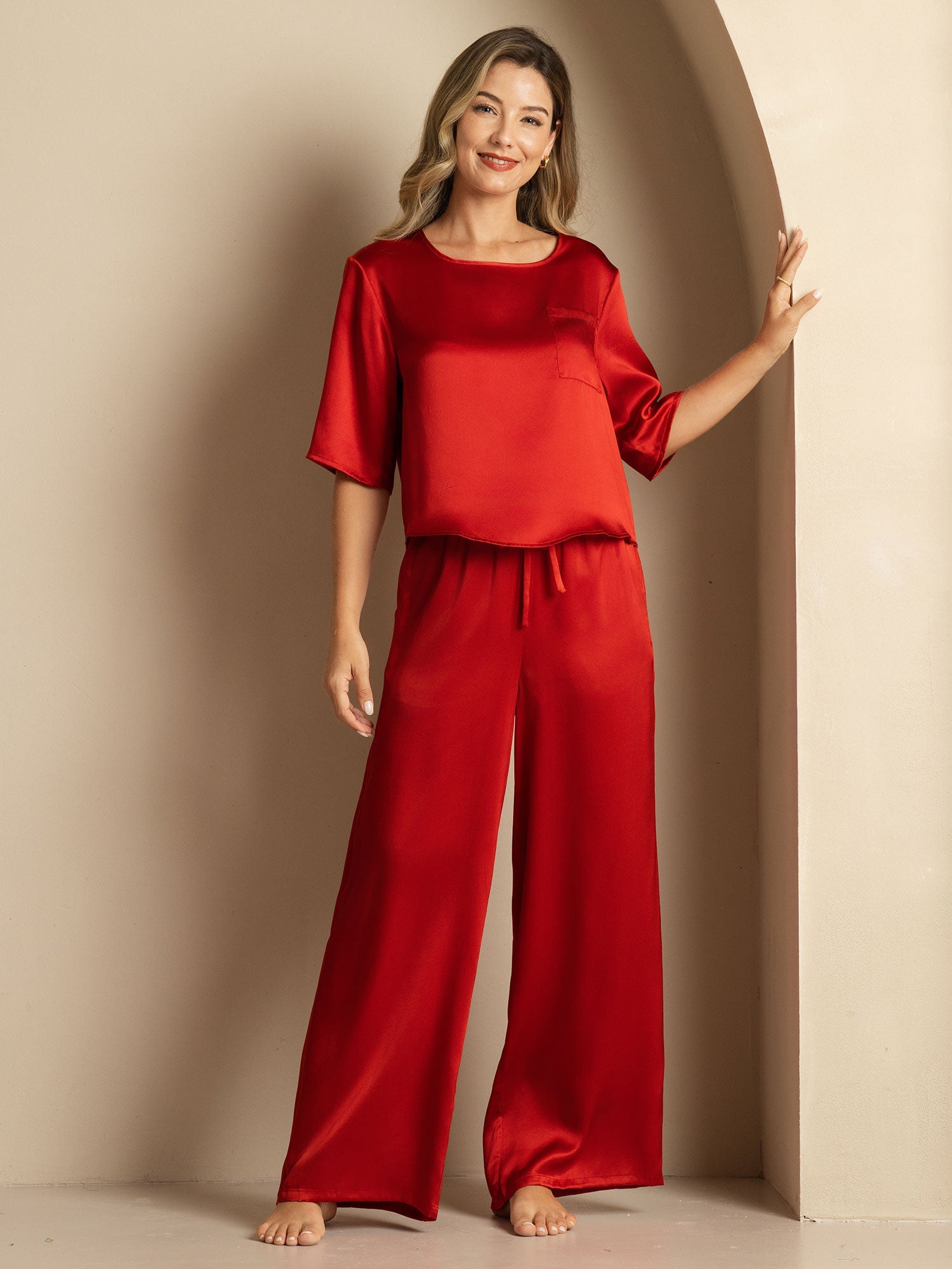 [خمر] SilkSilky-SA الحرير الخالص رقبة مستديرة طقم بيجامة نسائي 005