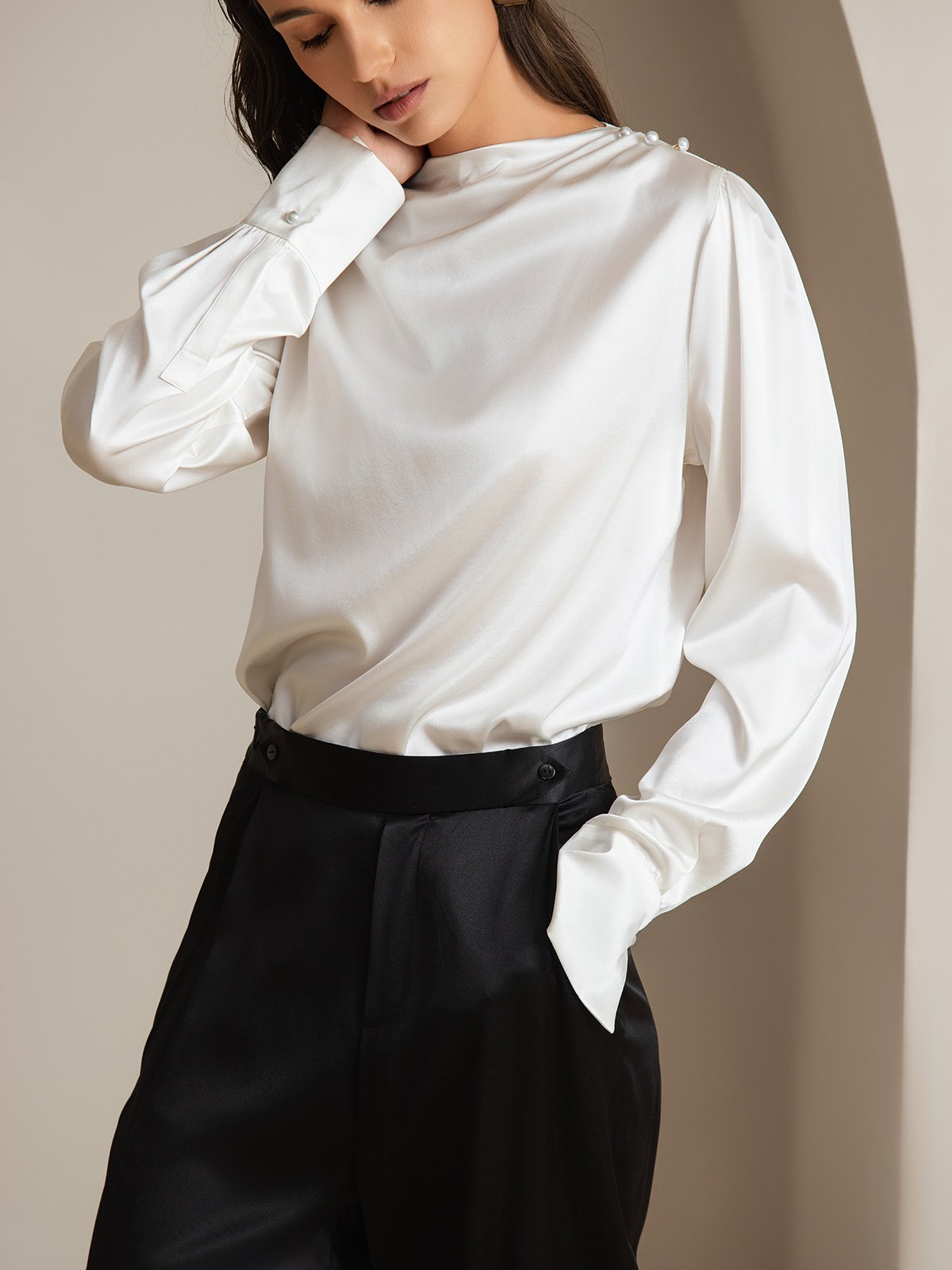 [أبيض] SilkSilky-SA 19Momme الحرير Womens Shirt 003