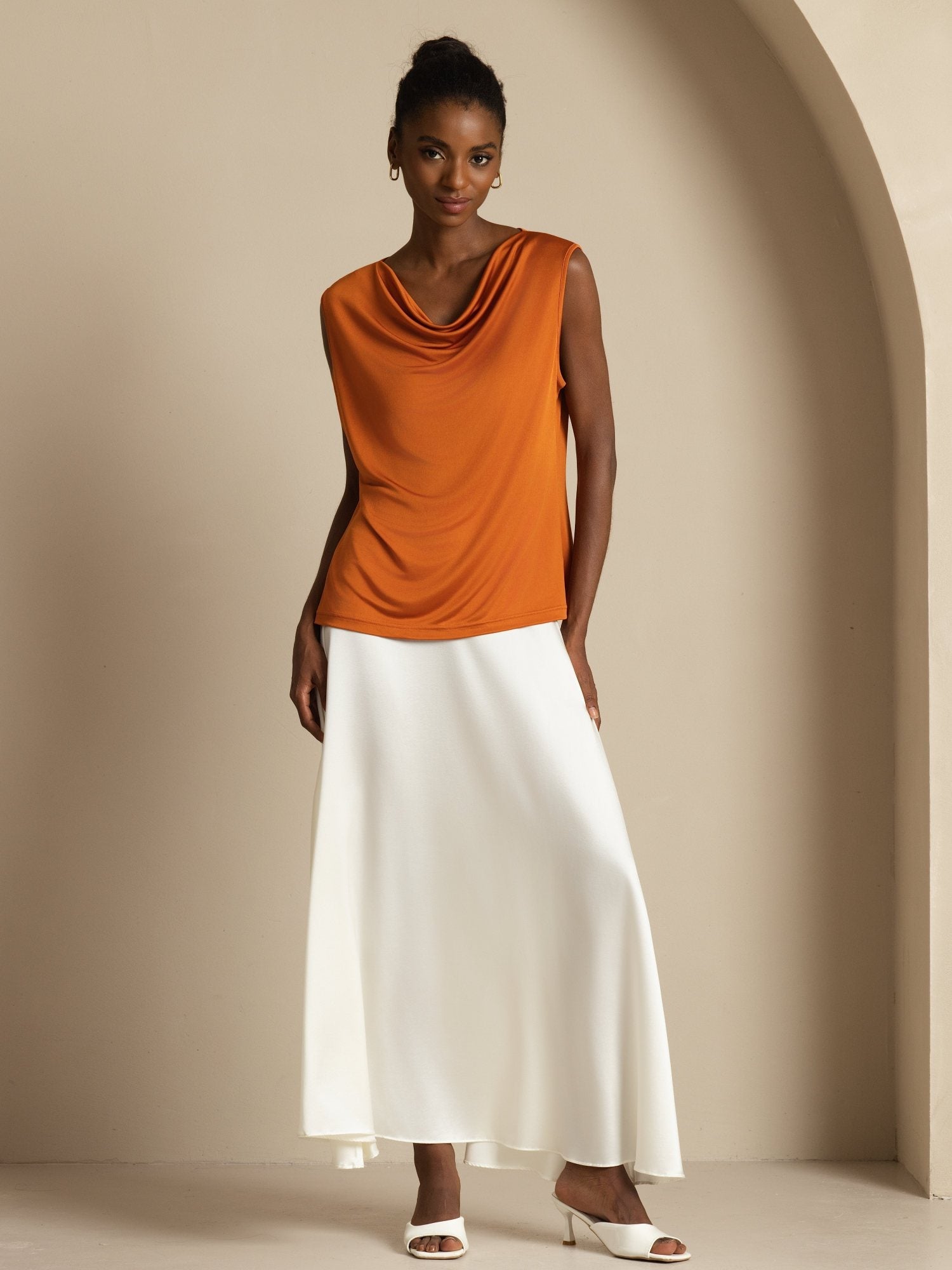 [البرتقالي] SilkSilky-SA بدون أكمام ياقة متدلية تي شيرت نسائية 006