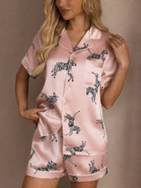 [حمار وحشي وردي] SilkSilky-SA Short Sleeve Lapel Collar طقم بيجامة نسائي 004