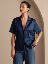 [أزرق غامق] SilkSilky-SA Short Sleeve Notch Collar بلايز نسائية 003