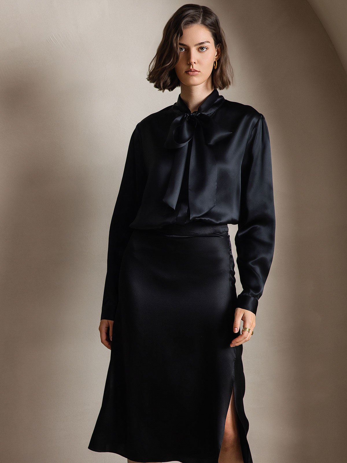 [أسود] SilkSilky-SA 19Momme الحرير الأكمام الطويلة Blouse 003