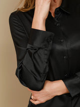 [أسود] SilkSilky-SA Long Sleeve Lapel Collar بلايز نسائية 008