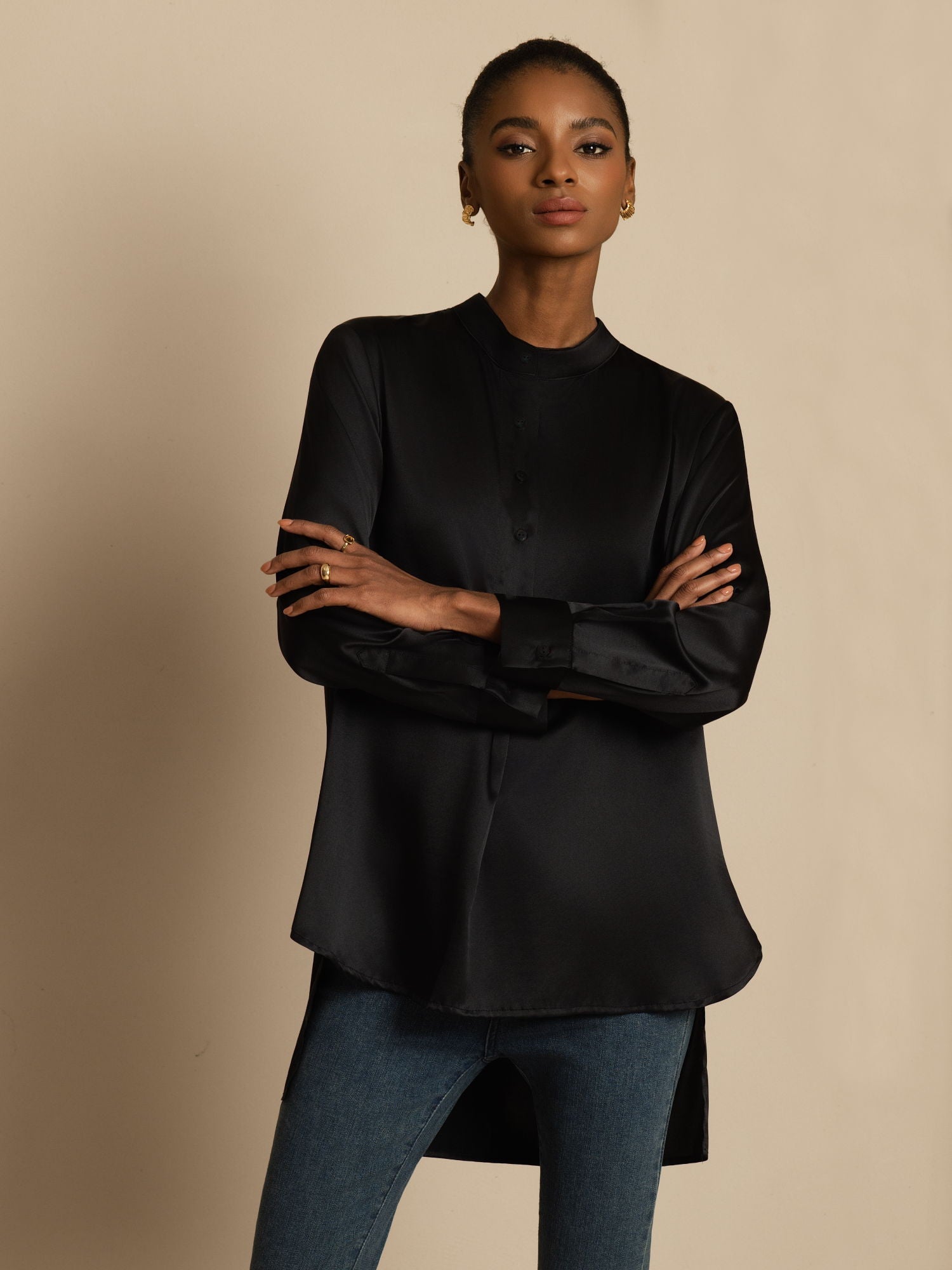 [أسود] SilkSilky-SA 19Momme الحرير الأكمام الطويلة ياقة القاع بلوزة 004