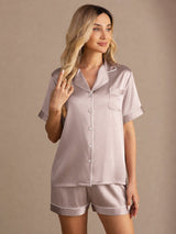 [رمادي الظل] SilkSilky-SA Short Sleeve Lapel Collar طقم بيجامة نسائي 005
