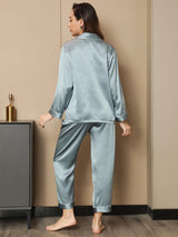 [الأزرق الصلب] SilkSilky-SA Long Sleeve Lapel Collar طقم بيجامة نسائي 002