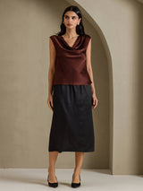 [شوكولاتة داكنة] SilkSilky-SA Cap Sleeve Cowl Neck تي شيرت نسائية 007