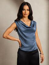 [أزرق بترولي حقيقي] SilkSilky-SA Cap Sleeve Cowl Neck تي شيرت نسائية 001