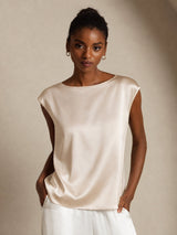 [اللون البيج] SilkSilky-SA Cap Sleeve Round Neck تي شيرت نسائية 001