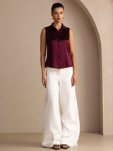 [احمر غامق] SilkSilky-SA Sleeveless Lapel Collar بلايز نسائية 005