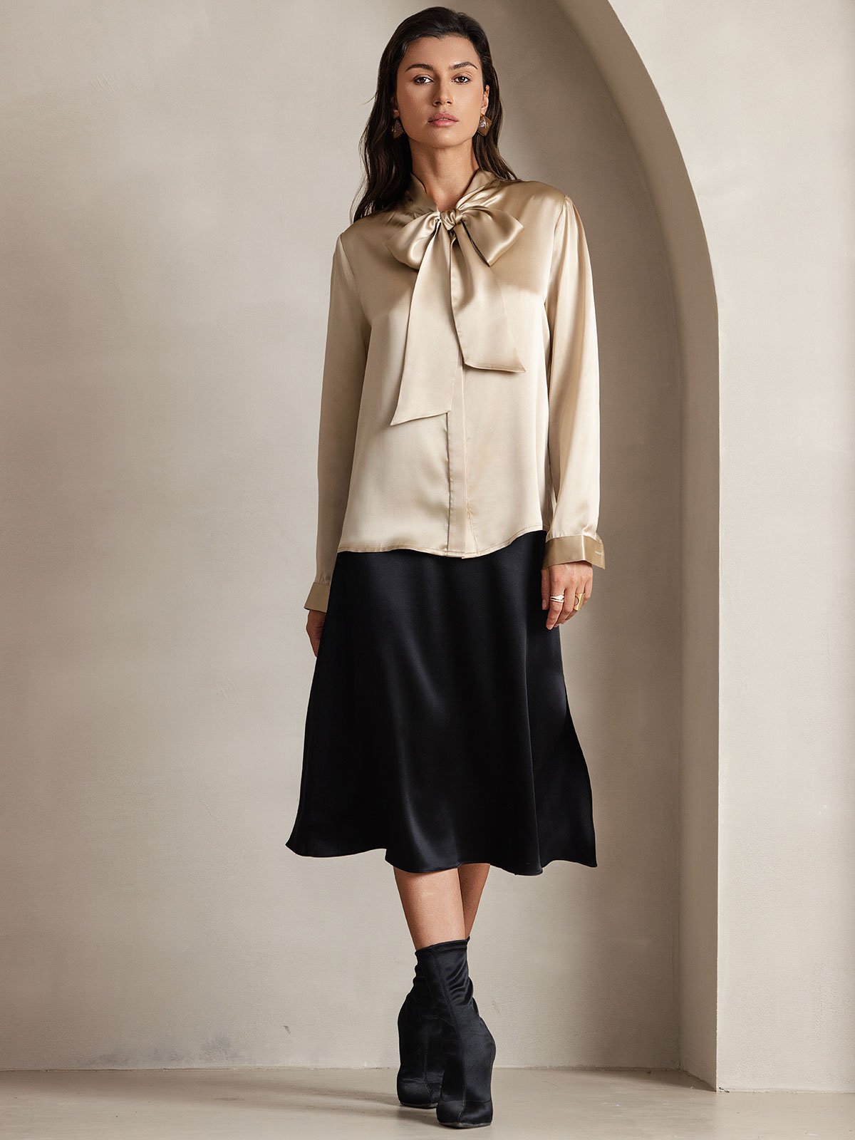 [شامبانيا] SilkSilky-SA 19Momme الحرير الأكمام الطويلة Blouse 006