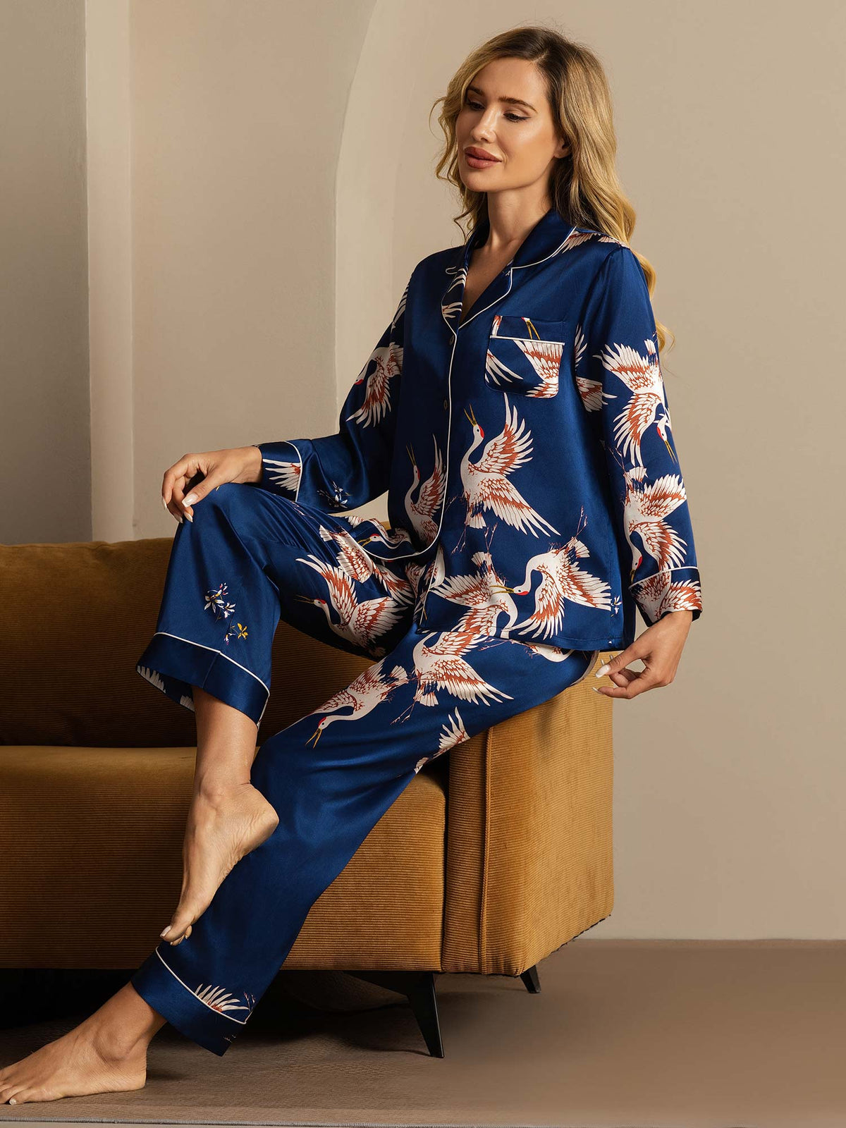 [أزرق غامق] SilkSilky-SA Long Sleeve Lapel Collar طقم بيجامة نسائي 001