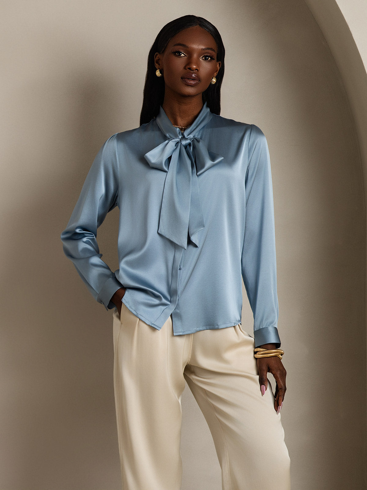 [أزرق رمادي] SilkSilky-SA 19Momme الحرير الأكمام الطويلة Blouse 007