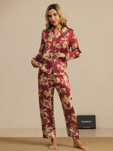 [تنين بلون النبيذ] SilkSilky-SA Long Sleeve Lapel Collar طقم بيجامة نسائي 008