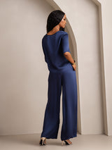 [أزرق غامق] SilkSilky-SA Half Sleeve Round Neck طقم بيجامة نسائي 002