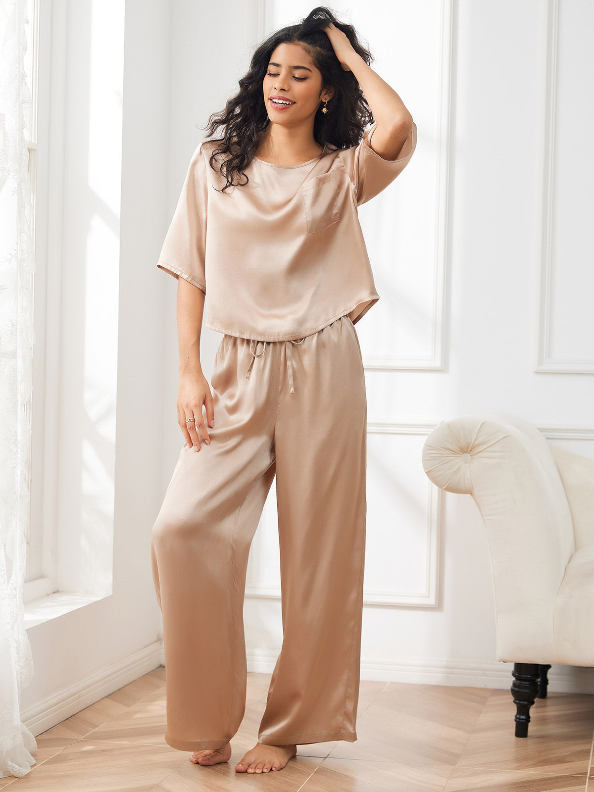 [شامبانيا] SilkSilky-SA Half Sleeve Round Neck طقم بيجامة نسائي 001