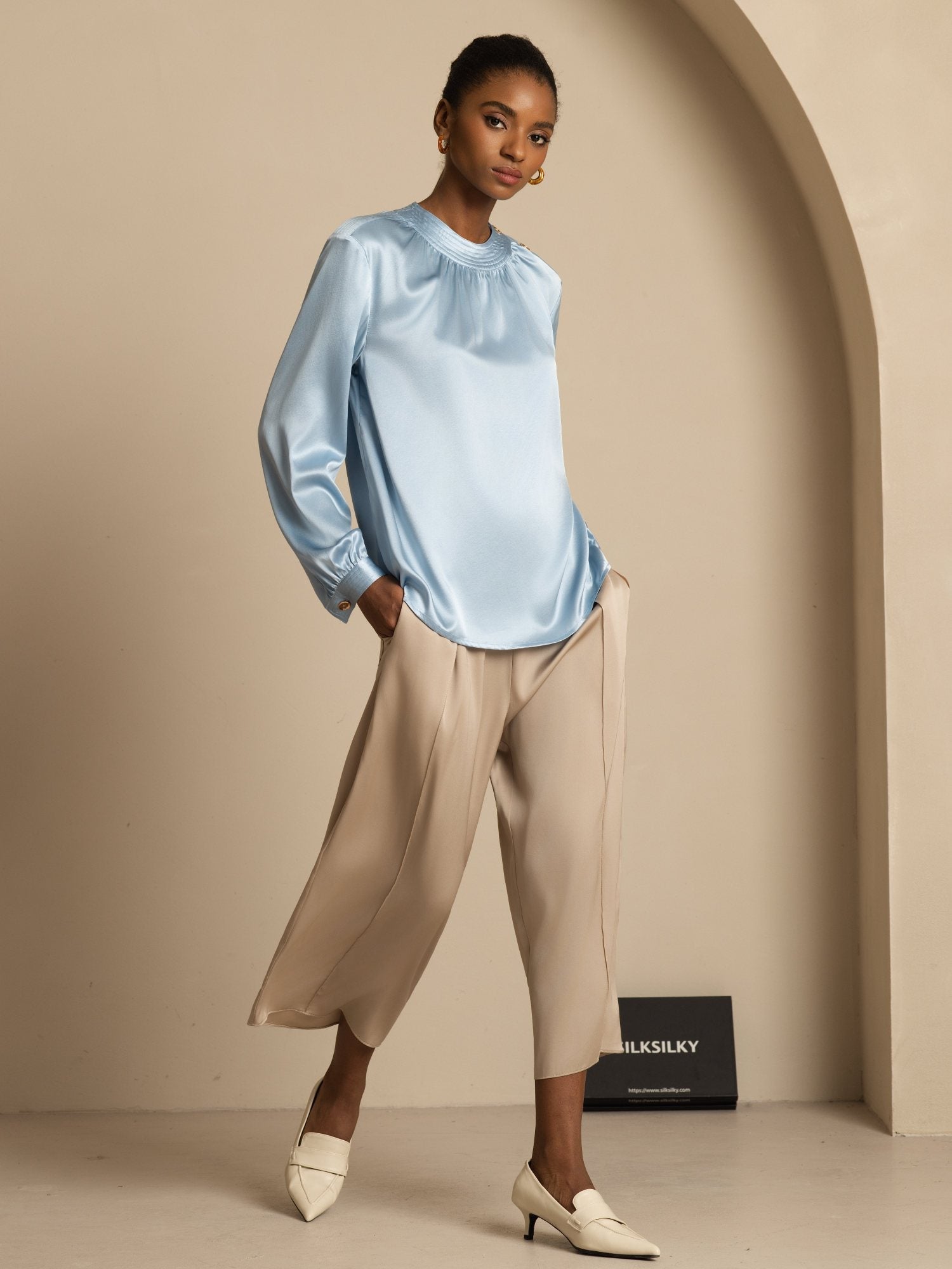 [أزرقرمادي] SilkSilky-SA 19Momme الحرير الأكمام الطويلة رقبة مستديرة بلوزة 007