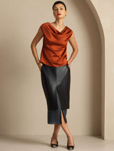 [الكراميل] SilkSilky-SA Cap Sleeve Cowl Neck تي شيرت نسائية 008