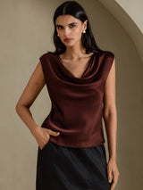 [شوكولاتة داكنة] SilkSilky-SA Cap Sleeve Cowl Neck تي شيرت نسائية 005