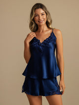 [أزرق غامق] SilkSilky-SA Sleeveless V Neck مجموعة قميص قصير 003