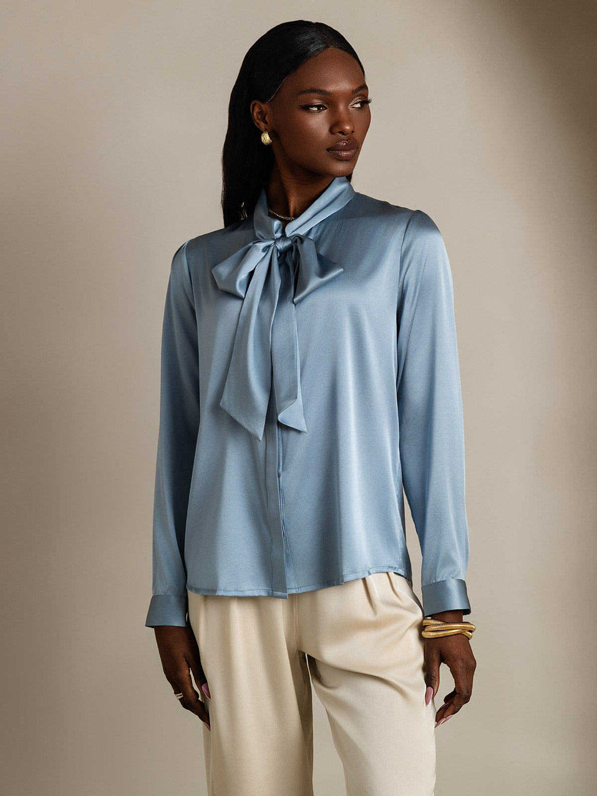 [أزرق رمادي] SilkSilky-SA 19Momme الحرير الأكمام الطويلة Blouse 004