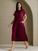[احمر غامق] SilkSilky-SA Short Sleeve Crew Neck فساتين نسائية 007