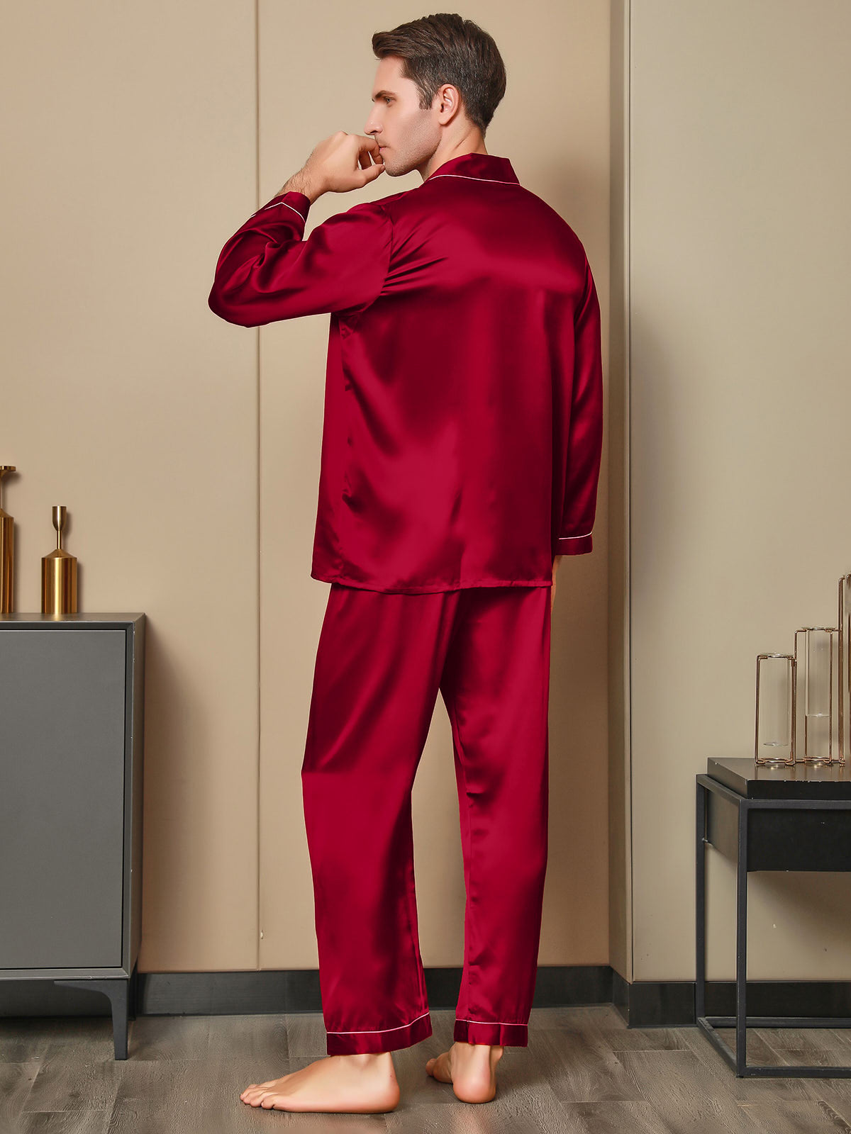 [أحمر] SilkSilky-SA 19Momme الحرير الخالص Mens Pajamas 002